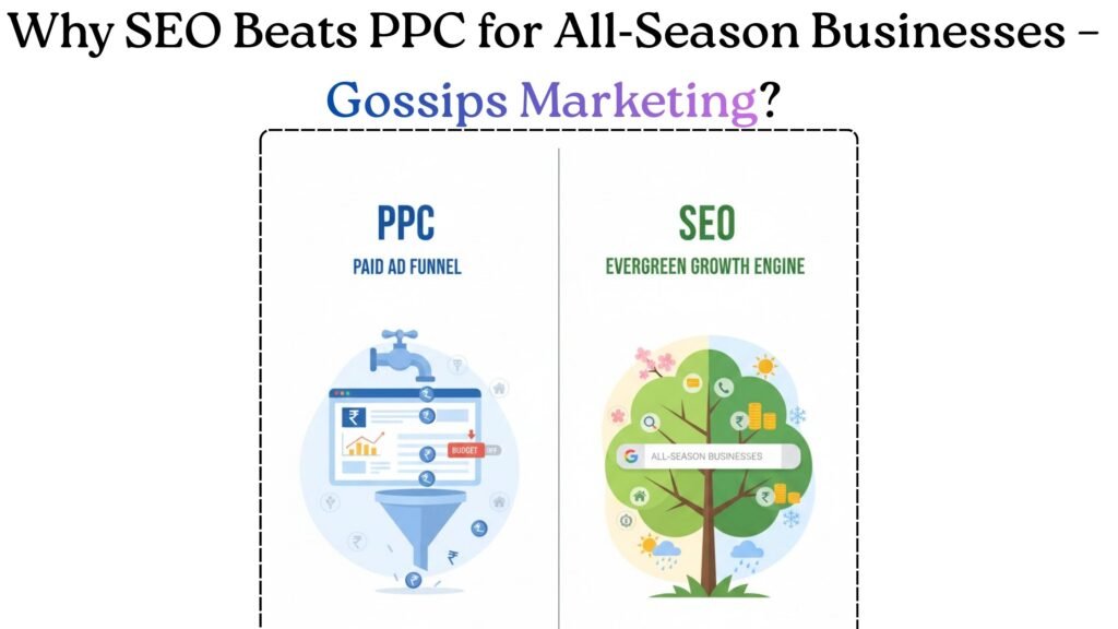 Why SEO Beats PPC for All‑Season Businesses – Gossips Marketing? Why SEO Is Better Than PPC Today For All‑Season Businesses If a business runs 365 days a year – like a clinic, real estate agency, coaching institute, SaaS product, or local service – it needs a marketing engine that also works 365 days. In today’s environment of rising ad costs and tougher competition, that all‑season engine is SEO, not PPC. PPC (Pay‑Per‑Click ads) absolutely has its place. For seasonal businesses like cracker shops, Holi colours, festival‑specific apparel or short‑term campaigns, PPC can give an instant boost. But for all‑season businesses that want stable, compounding growth, SEO (Search Engine Optimization) is usually the smarter, more reliable choice. Gossips Marketing suggests a simple rule: Seasonal business? PPC can work brilliantly for quick bursts. All‑season business (healthcare, real estate, financial services, coaching, B2B, etc.)? SEO should be the primary engine, with PPC only as a support. Let’s break down why. SEO vs PPC: Short‑Term Speed vs Long‑Term Stability Think of PPC as renting a house and SEO as buying one. With PPC, your ad shows as long as you pay. The moment you stop the budget, traffic and leads drop to zero. With SEO, you invest once in content, website, and authority. It takes time to rank, but once you do, you keep getting traffic even if you are not spending every single day. Studies consistently show that top organic results get a higher share of clicks than ads. The #1 organic result on Google gets around 27.6% CTR, far more than most paid ads. On top of that, 70–80% of users say they ignore paid ads and focus on organic results. For an all‑season business that needs leads every month, SEO’s slow and steady approach actually matches the business reality much better. Why SEO Is a Long‑Term Asset (Especially for All‑Season Business) For any year‑round business, marketing should behave like a long‑term asset, not a daily expense. SEO fits that mindset perfectly: Compounding effect: Each blog, landing page, and FAQ you publish can rank and bring traffic for months or even years. Better ROI with time: Many campaigns see their strongest SEO ROI in the second or third year, once authority and rankings are established. ​ No cost per click: You are not paying for every single visit. Once content ranks, extra clicks are effectively free. Compare this with PPC: every time someone clicks your ad, you pay – whether they convert or not. As competition grows, cost‑per‑click (CPC) keeps rising, and your dependency on ad budget also keeps increasing. ​ For an all‑season business, that kind of ongoing dependency can become a risk, not a growth lever. SEO Gives Consistent Leads Without Daily Ad Spend All‑season businesses usually have monthly targets: X new patients, Y property enquiries, Z demo bookings. SEO supports this rhythm beautifully because: Your pages can rank for many different high‑intent keywords (e.g., “dentist near me”, “2 BHK flat in Jaipur”, “digital marketing agency for small business”). Once rankings stabilize, they keep bringing in leads even on weekends, holidays, and months when you are not running any special campaign. SEO traffic does not suddenly switch off just because one month you reduce budget. PPC, on the other hand, behaves like a tap. Budget on = water flows. Budget off = tap runs dry. That is fine for Diwali crackers or a festive sale where you want a 15‑day blast. But for a hospital or real estate brand that needs leads every week, that “on/off tap” model is risky. Trust Factor: Why Users Prefer SEO Over Ads In today’s ad‑heavy internet, most users have developed “ad blindness” – they scroll past ads and directly look for the first organic result that looks trustworthy. ​ Some key points backed by surveys: 49% of people say they trust organic search results more than paid ads. ​ 70–80% of users ignore paid ads and focus on organic results. ​ When your website ranks organically, people assume: This brand has earned its position through quality and relevance. This site is more credible than someone who is simply paying for the top spot. For all‑season businesses that live on reputation – healthcare, education, financial services, real estate – this trust factor is huge. Ranking organically for important queries builds brand authority far more than a sponsored tag ever can. Cost and ROI: Why PPC Becomes Expensive Over Time In the beginning, PPC feels very attractive: Quick traffic Easy to measure Instant visibility But over a year or two, the picture changes: CPC keeps rising as more competitors bid on the same keywords. ​ You pay for every click, even from unqualified visitors. If you stop or reduce budget, results disappear. Many analyses show that while PPC can give good short‑term ROI, SEO often delivers better long‑term ROI because traffic keeps coming even after the initial investment. For all‑season businesses, that long‑term ROI is exactly what keeps customer acquisition cost under control. SEO helps reduce dependence on “expensive leads” from ads and shifts more leads to “earned visibility” through organic rankings. What Happens When You Stop PPC vs When You Pause SEO This is where the biggest risk of PPC shows up. When you stop PPC: Ads stop instantly. Impressions, clicks, and leads from that channel drop to near zero. Competitors who continue running ads take your spot immediately. When you slow down SEO: Content that is already ranking will not disappear overnight. Your site continues to get traffic from pages that have strong authority. As long as competitors do not massively out‑invest you, your rankings can remain stable for a long time. In simple words: SEO has momentum; PPC does not. For a year‑round business, depending only on PPC is like living month‑to‑month on rent, without ever investing in a house. When PPC Still Makes Sense (Even for All‑Season Brands) Saying “SEO is better than PPC” for all‑season businesses does not mean “never run ads”. It means: make SEO your foundation, and use PPC tactically. Good use‑cases of PPC even for evergreen businesses: New launches or offers: Promote a new clinic branch, new course batch, or limited‑time discount. Testing keywords: Quickly test which keywords convert best, then use that data to plan SEO content. Remarketing: Show ads to people who already visited your site via SEO but did not convert. This way, PPC becomes a smart side‑kick, while SEO remains the hero of your long‑term strategy. How To Think About Strategy: Seasonal vs All‑Season A simple framework inspired by Gossips Marketing’s approach: Seasonal / campaign‑driven businesses: Fireworks, Holi colours, festive outfits, Navratri special products, event‑based offers, etc. Focus: PPC + Social Ads Goal: Quick visibility, short‑term sales bursts SEO: Nice‑to‑have, but not always critical All‑season / evergreen businesses: Healthcare, real estate, coaching, B2B services, software, legal and financial services, home services, etc. Focus: Strong SEO foundation (website structure, local SEO, content marketing, reviews) PPC: Add‑on for extra push, launches and retargeting Goal: Stable, predictable leads and brand authority all year When the business itself is evergreen, the marketing channel should also be evergreen – and that is exactly what SEO is designed for. FAQs: SEO vs PPC for All‑Season Businesses 1. Is SEO really better than PPC for every all‑season business? For most all‑season businesses, yes, SEO is the better primary channel. It brings compounding traffic, builds brand trust, and reduces dependency on continuous ad spend. PPC can still be useful for short‑term boosts, but relying only on PPC can get very expensive over time. 2. How long does it take for SEO to start working? It depends on your niche and competition, but commonly: Low‑competition local niches: 3–6 months Competitive service niches (real estate, healthcare, finance): 6–12+ months That may sound slow, but once rankings kick in, results often keep improving without the same level of ongoing spend that PPC requires. ​ 3. Can I stop PPC once my SEO starts working? Many businesses do exactly that: they start heavy on PPC to get initial leads, then gradually shift budget into SEO. Over time, as SEO brings in more organic leads, they either reduce PPC or use it only for strategic campaigns like launches and retargeting. The goal is not zero PPC, but zero dependency on PPC. 4. What if my competitors are dominating Google Ads? If competitors are strongly visible in ads, that is even more reason to own the organic space. Remember: Many users scroll past ads to the first organic result. Ranking organically positions your brand as an authority, not just another advertiser. Strong SEO plus good reviews, local listings, and solid content can help you win trust even if competitors are spending more on ads. 5. How do I start building an SEO strategy for my all‑season business? A practical starting checklist: Fix technical basics: fast, mobile‑friendly website, clean structure. Do keyword research around your core services and locations. Create high‑intent pages (service pages, city/area pages, FAQs, comparison pages). Publish helpful blogs that answer real questions your customers ask. Build trust signals: Google reviews, testimonials, case studies, local listings. From there, keep improving content, acquiring quality backlinks, and monitoring rankings. Over time, SEO becomes your most reliable “always‑on” lead engine – something PPC alone can never be.